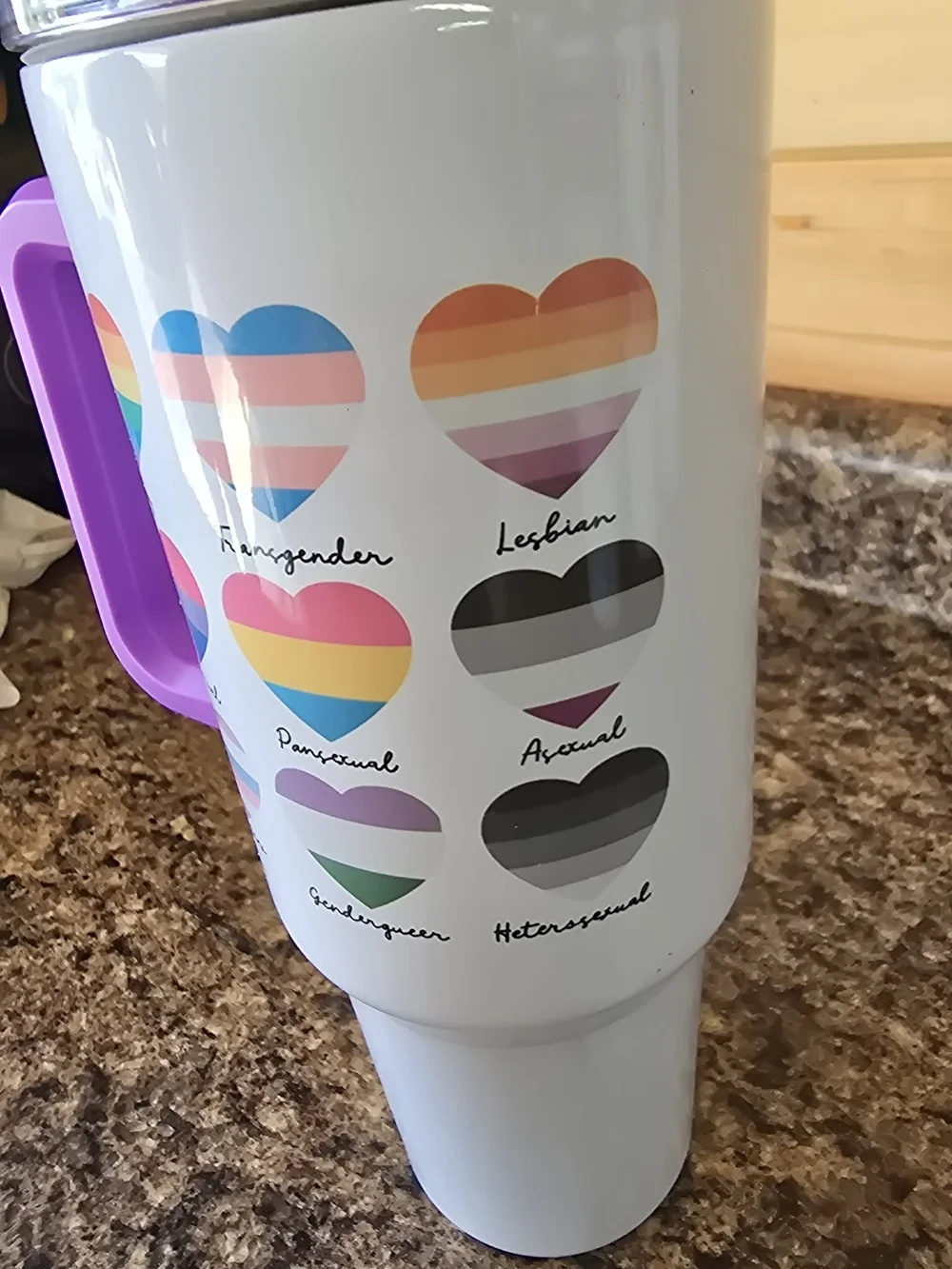Purple-Handle Pride Heart Travel Tumbler - Rainbow & Transgender Icons